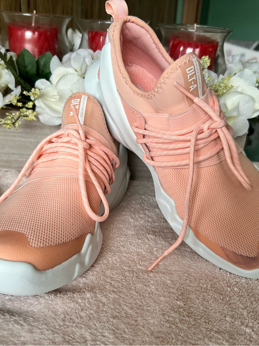 Skechers Peach Slip-On Knit Sneakers with White Soles
